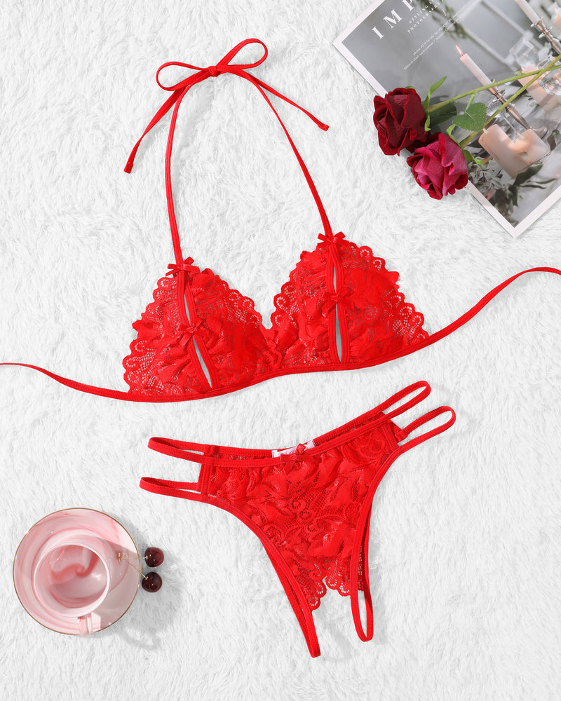 Red lace halter bra and thong panty set, flat lay with bow ties