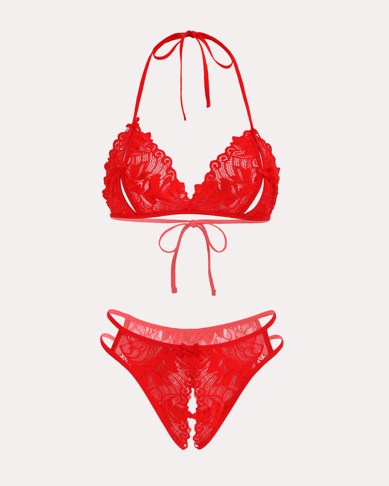 Red lace halter bra and thong panty set, flat lay on light background