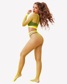 Fishnet long-sleeve crop top and high-waist briefs set, neon yellow-green, side view