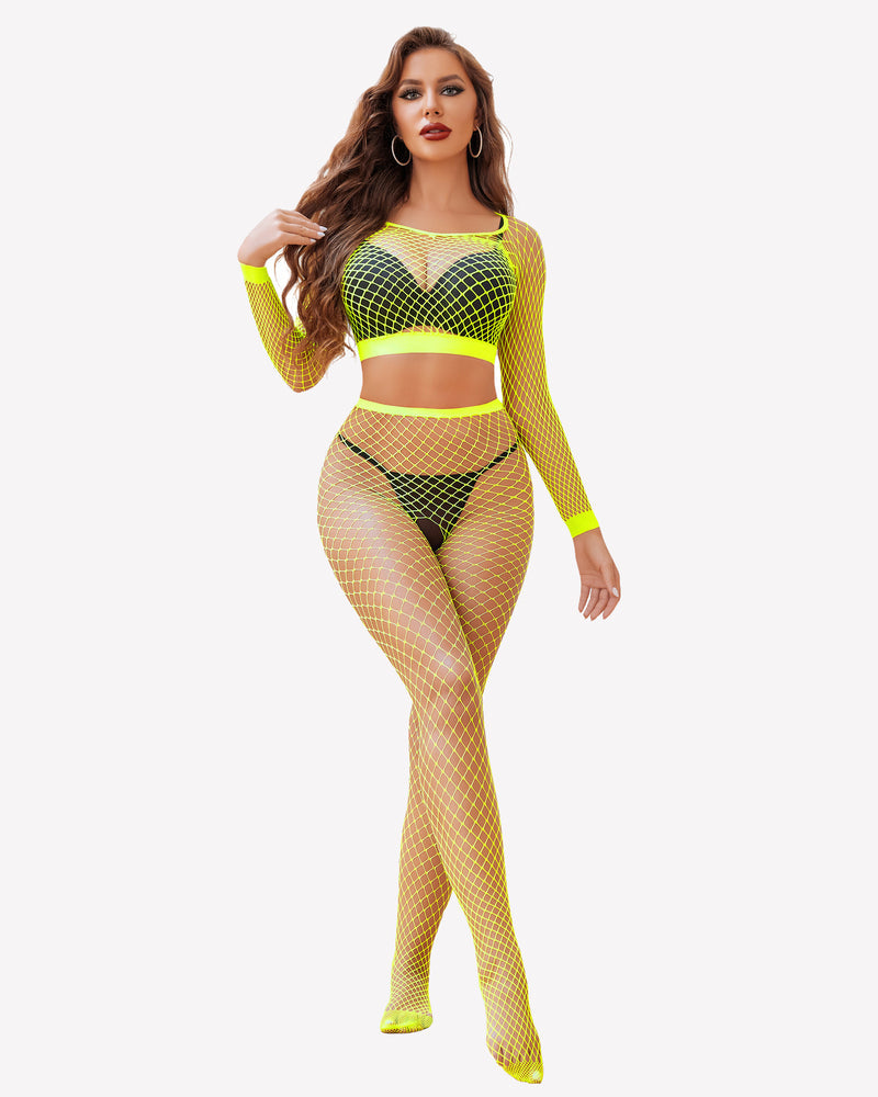 Fishnet long-sleeve crop top and high-waist briefs set, neon yellow-green