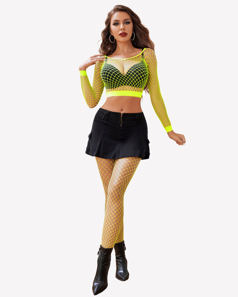 Fishnet long-sleeve crop top and high-waist briefs set, neon yellow-green