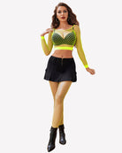 Fishnet long-sleeve crop top and high-waist briefs set, neon yellow-green