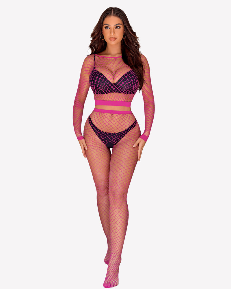 Fishnet long-sleeve crop top and high-waist briefs set, purple with pink trim