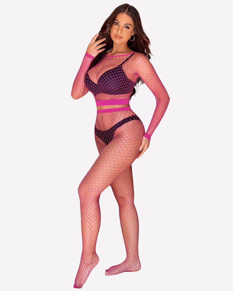 Fishnet long-sleeve crop top and high-waist briefs set, purple with pink trim, front view