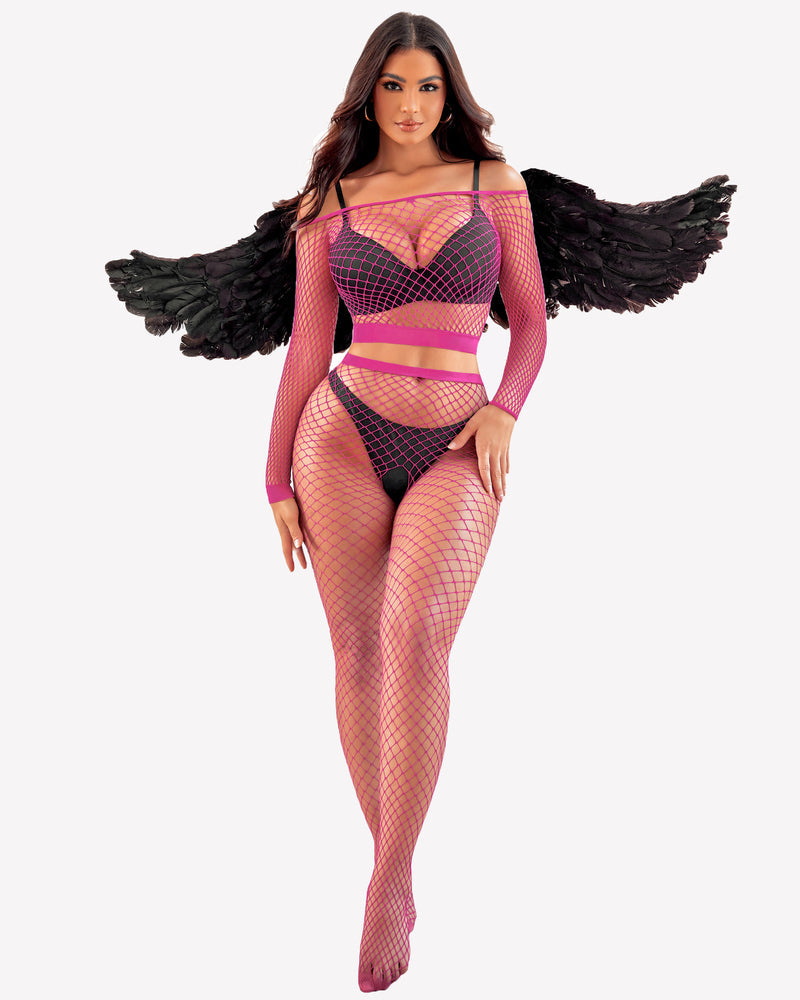 Fishnet long-sleeve crop top and high-waist briefs set, purple with pink trim