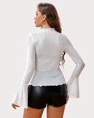 Rhinestone mesh top back view, allover sparkle dots, long flared sleeves, fitted