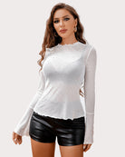 Rhinestone mesh top, mock neck, long flared sleeves, allover tiny sparkle dots