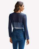 Sheer mesh shrug tie-front shawl top, long sleeves, navy blue, back view