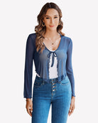 Sheer mesh shrug tie-front shawl top, long sleeves, blue