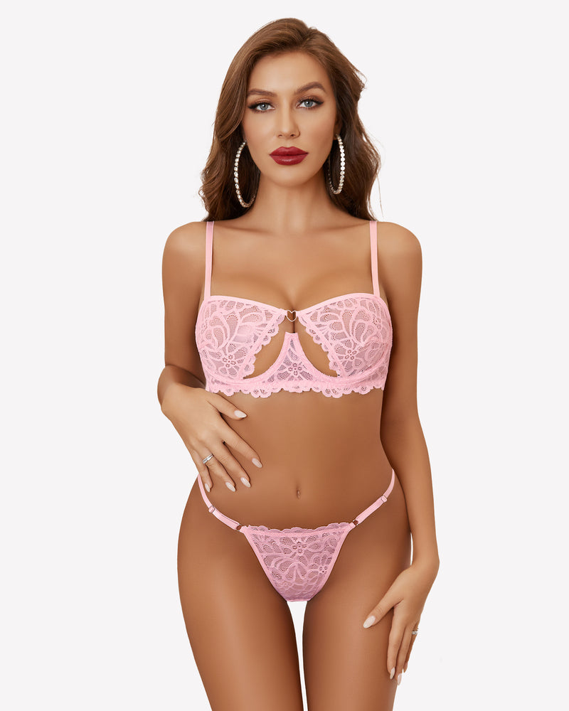 Light pink lace push-up half cup bra and matching thong set, front view