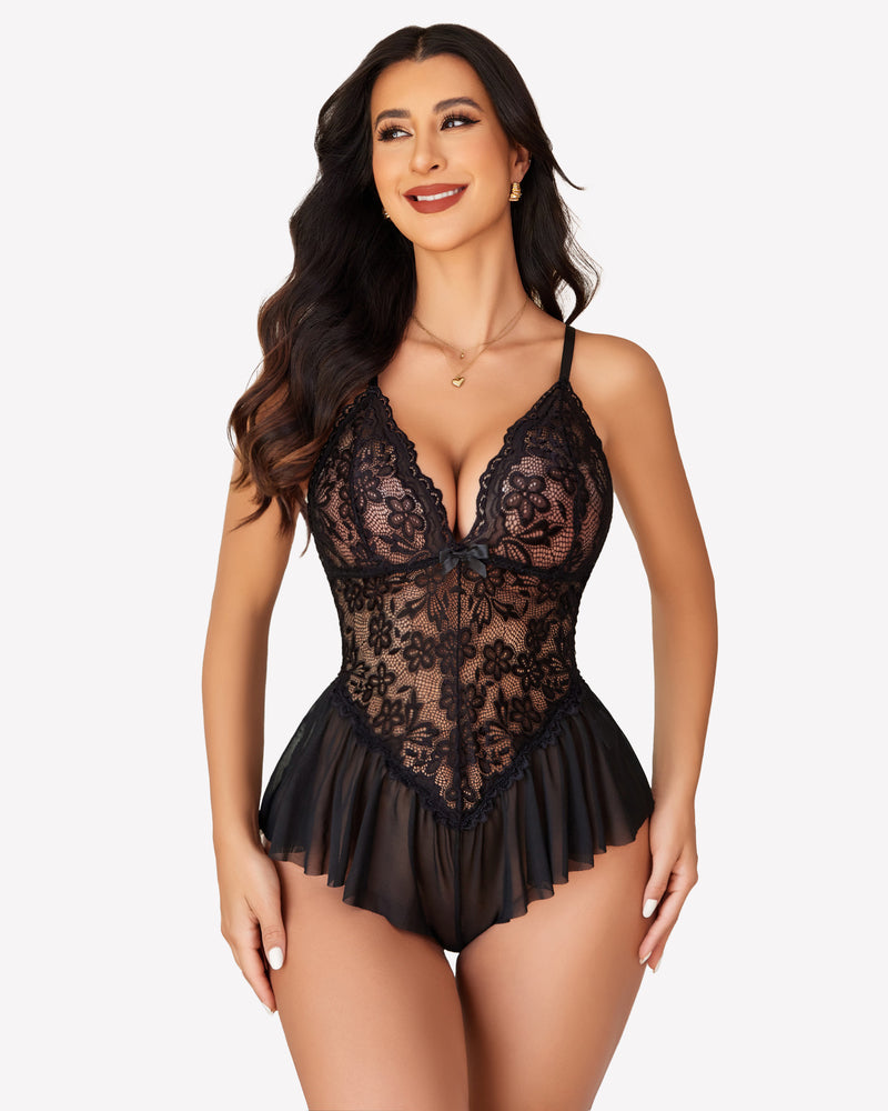 Black lace one-piece teddy with deep V cups and tiered ruffle hem
