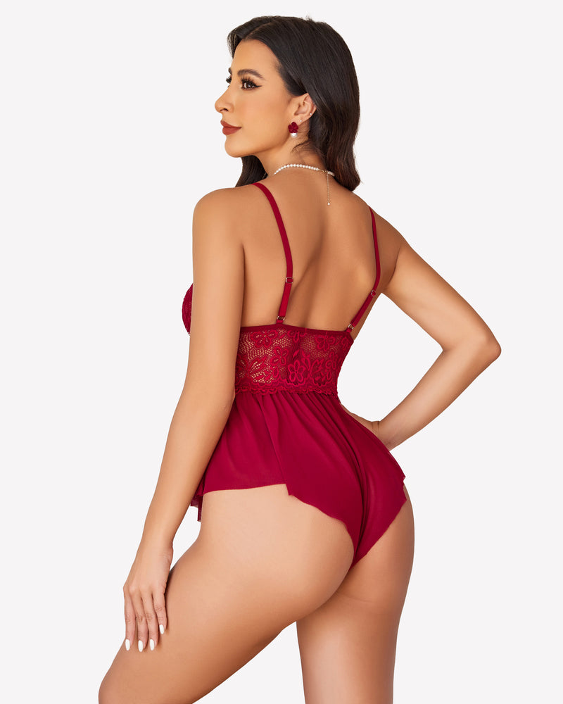 Red lace bodysuit one-piece teddy with open back and ruffled mesh hem