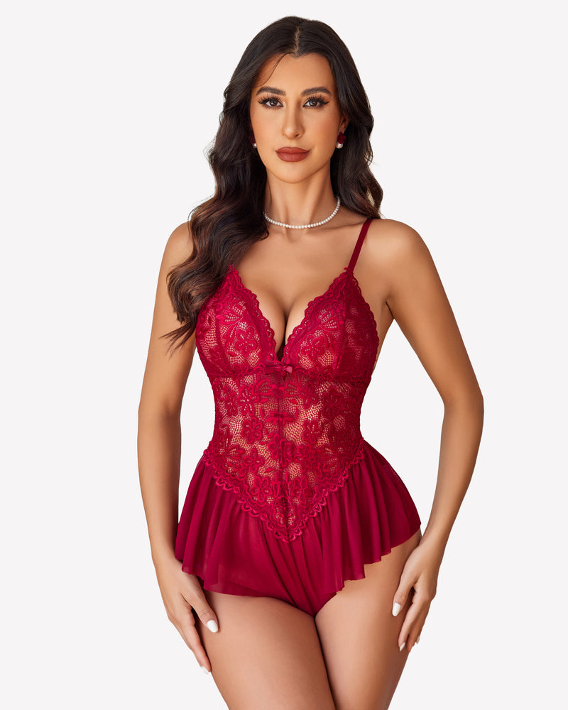 Red lace bodysuit one-piece teddy with deep V neckline and ruffled skirt