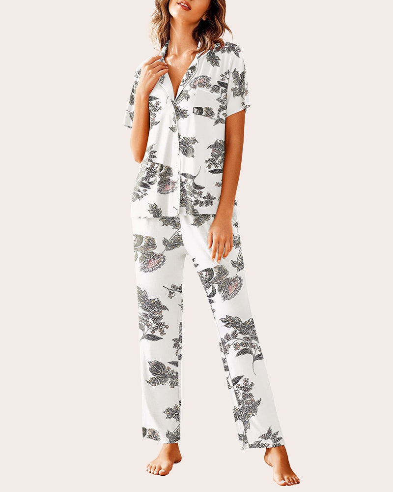 White pajama set with short-sleeve top and long pants, gray animal print