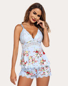 Floral lace camisole romper set, light blue with red and yellow flower print