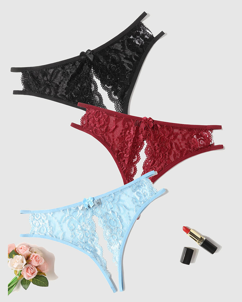 Floral lace thong panties set: black, red, and light blue with front bows