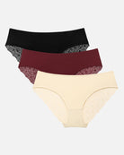 Lace hipster panties set: black, wine, and beige with scalloped lace trim