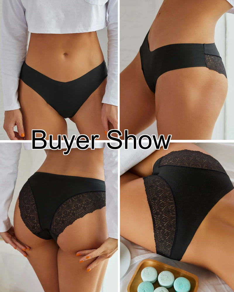 Lace hipster panties in black, V-waist front, seamless no-show cut.