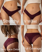 Lace hipster panties in burgundy, V-waist style with lace back coverage.