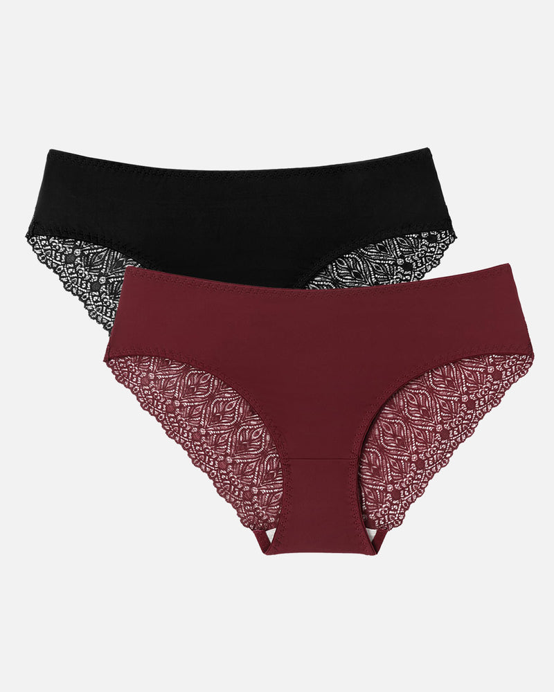 Set of lace hipster panties: black and wine, scalloped lace trim along sides.