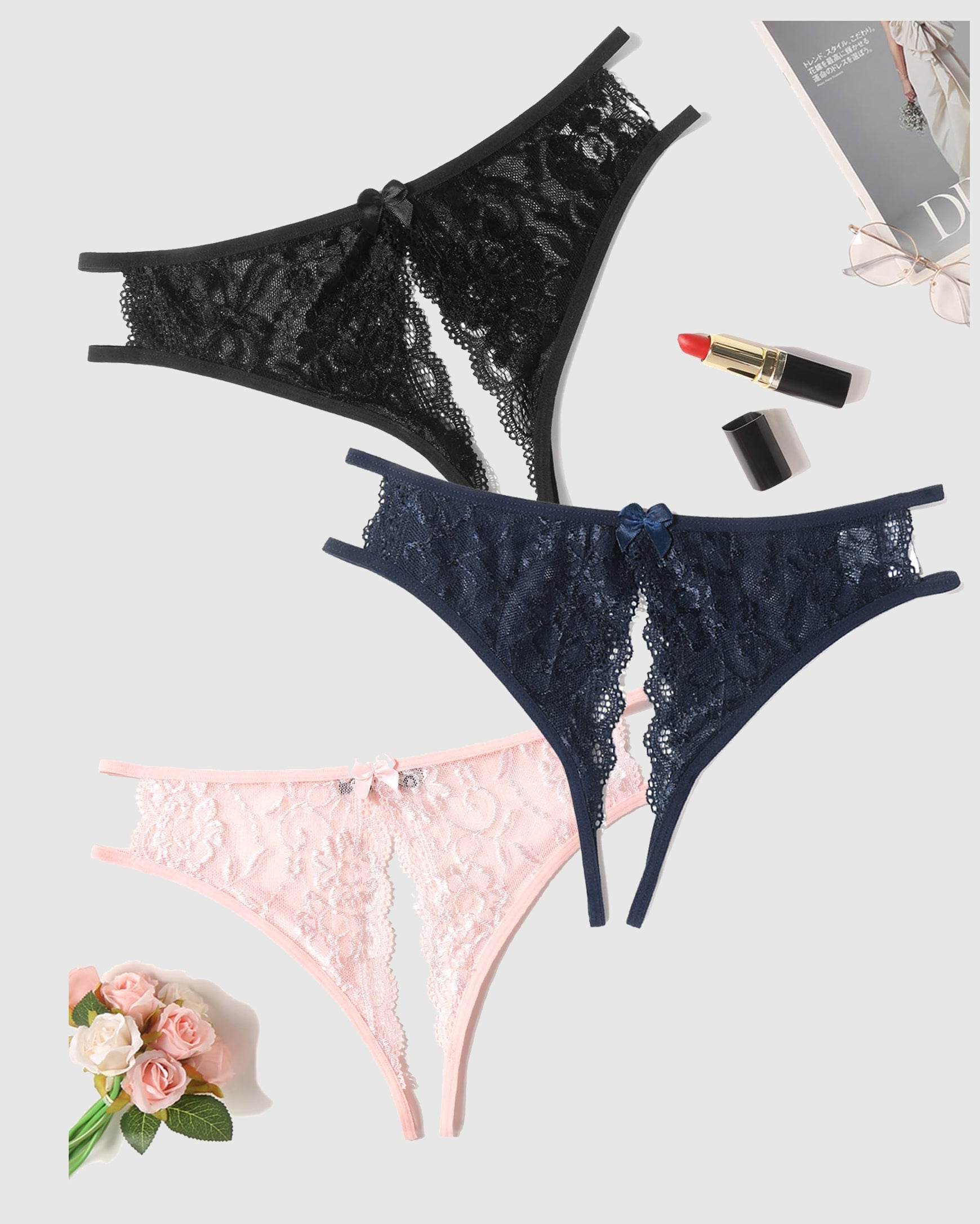 Floral lace thong panties set: black, navy, and pink with front bows