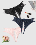 Floral lace thong panties set: black, navy, and pink with front bows