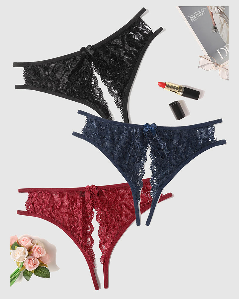 Floral lace thong panties set: black, navy, and red with front bows