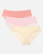 Set of lace hipster panties: light pink, blush pink, and cream, scalloped edges.
