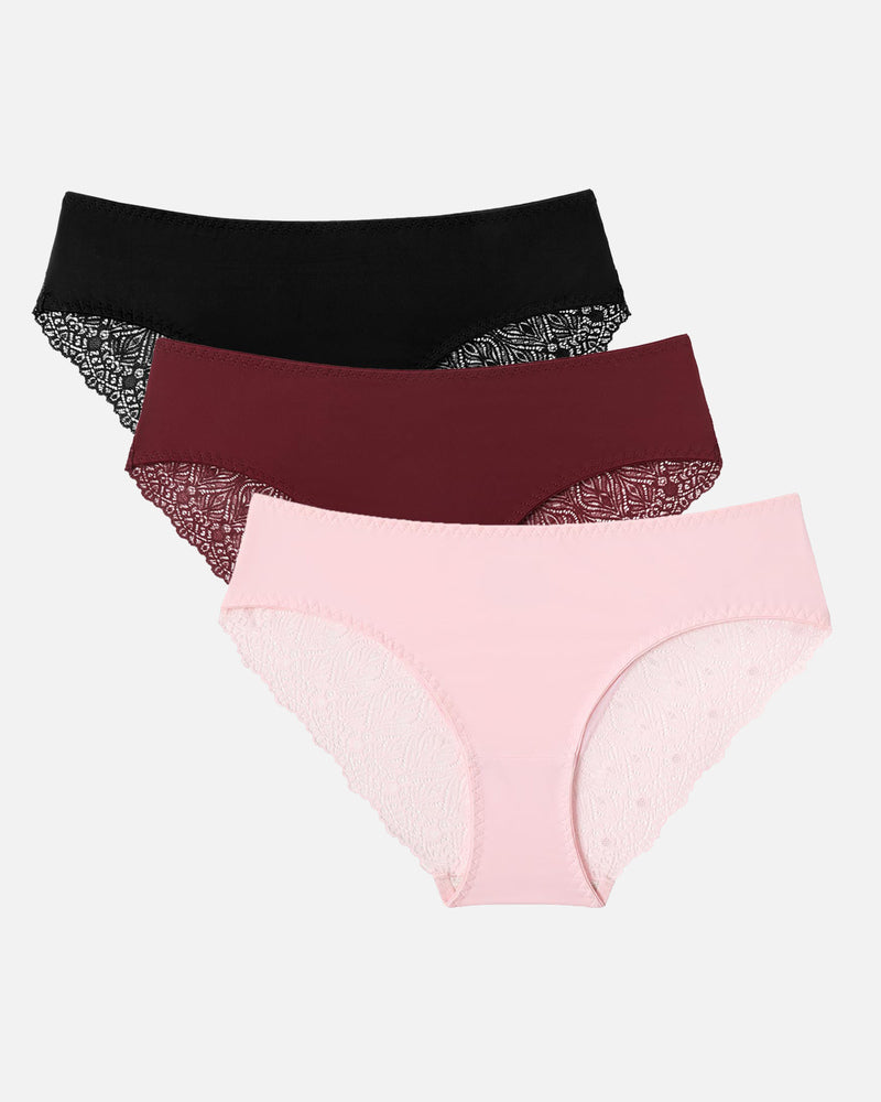 Set of lace hipster panties: black, burgundy, and pale pink, scalloped lace trim.