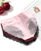 Lace hipster panties set in pink with burgundy and black lace trims