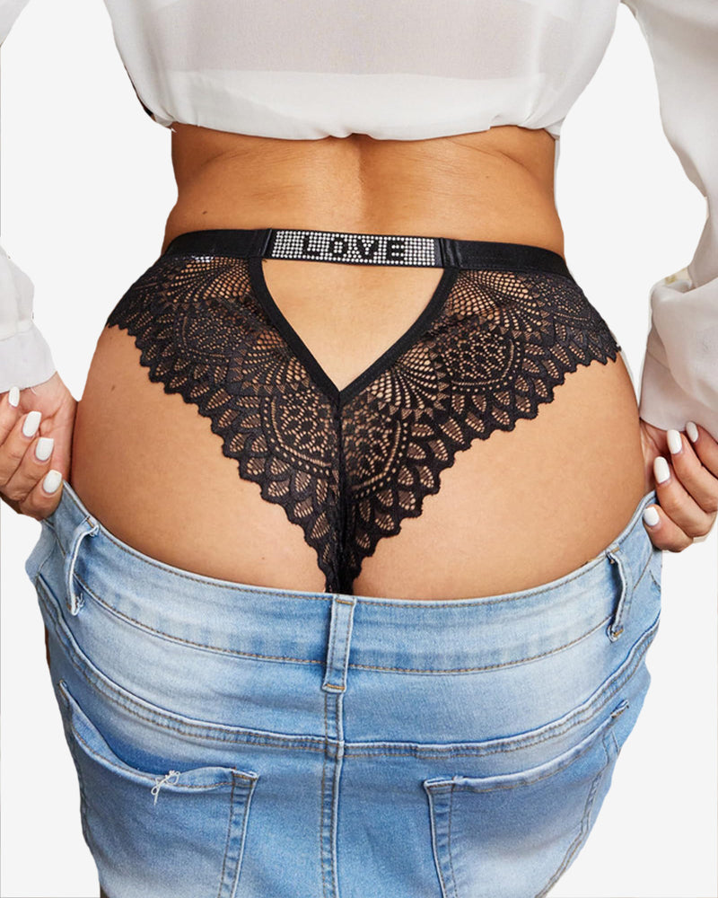 Black lace panty with rhinestone waistband and scalloped V-front