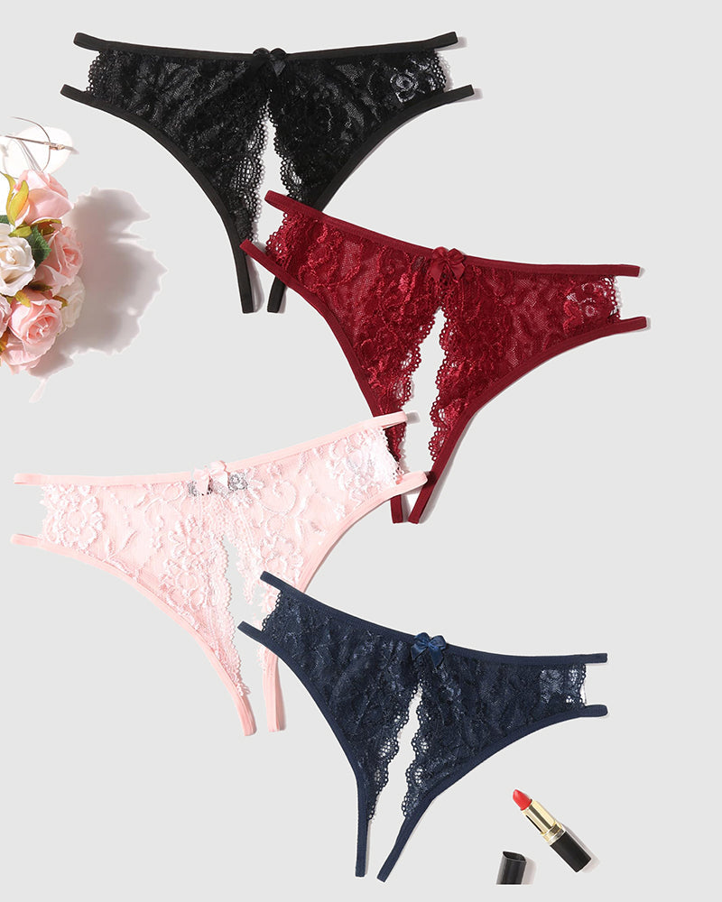 Floral lace thong panties set: black, red, pink, and navy with front bows