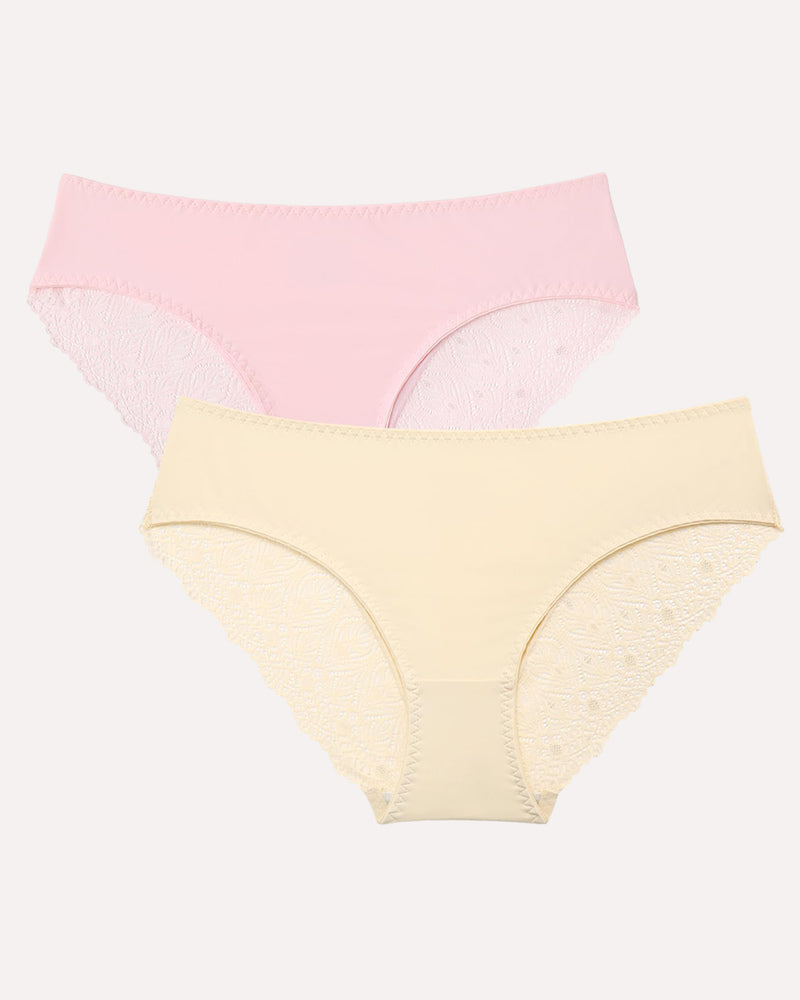 Set of lace hipster panties: pale pink and cream, scalloped lace leg openings.