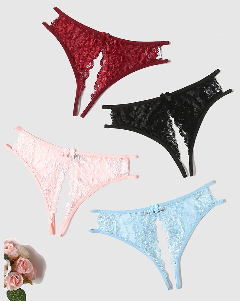 Floral lace thong panties set: red, black, pink, and light blue with front bows