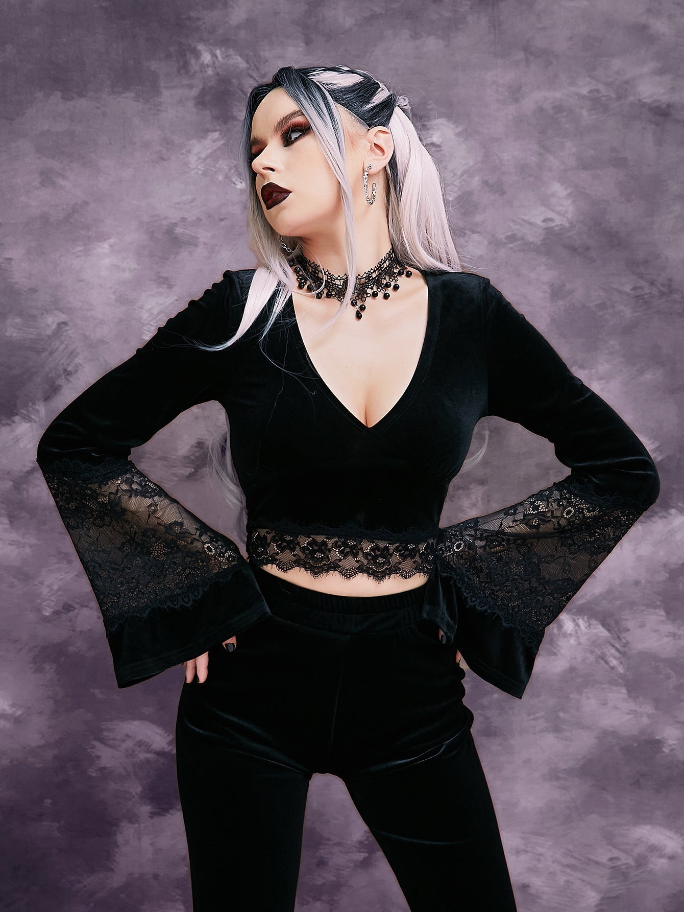 Black V-neck crop tee with eyelash lace trim at hem and cuffs