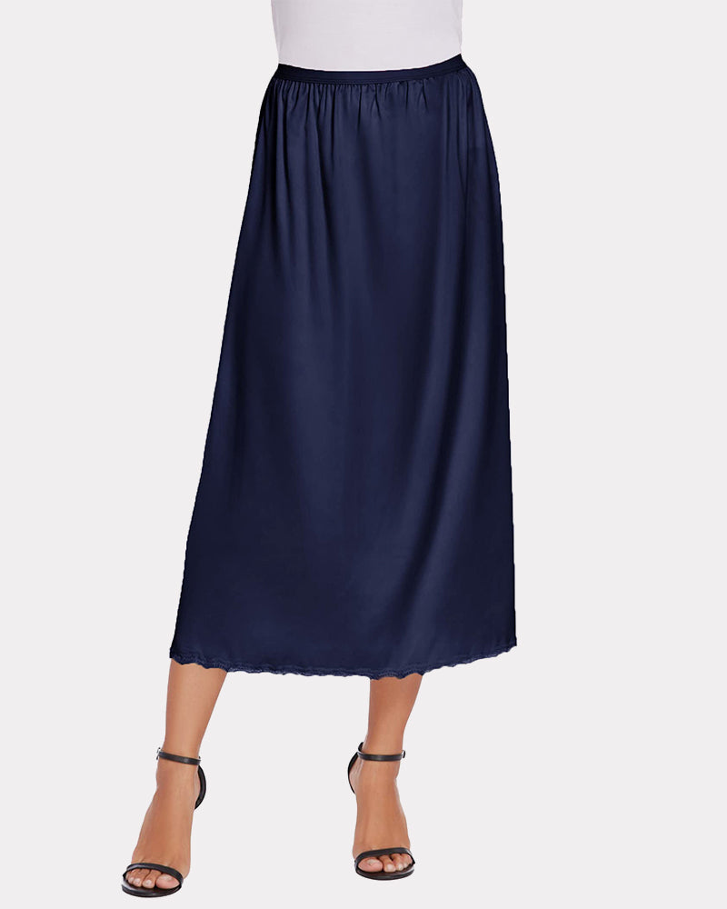 Navy satin half slip lace long underskirt with elastic waistband and lace-trim hem