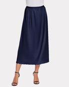 Navy satin half slip lace long underskirt with elastic waistband and lace-trim hem