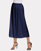 Navy satin half slip long underskirt with elastic waist and scalloped lace hem