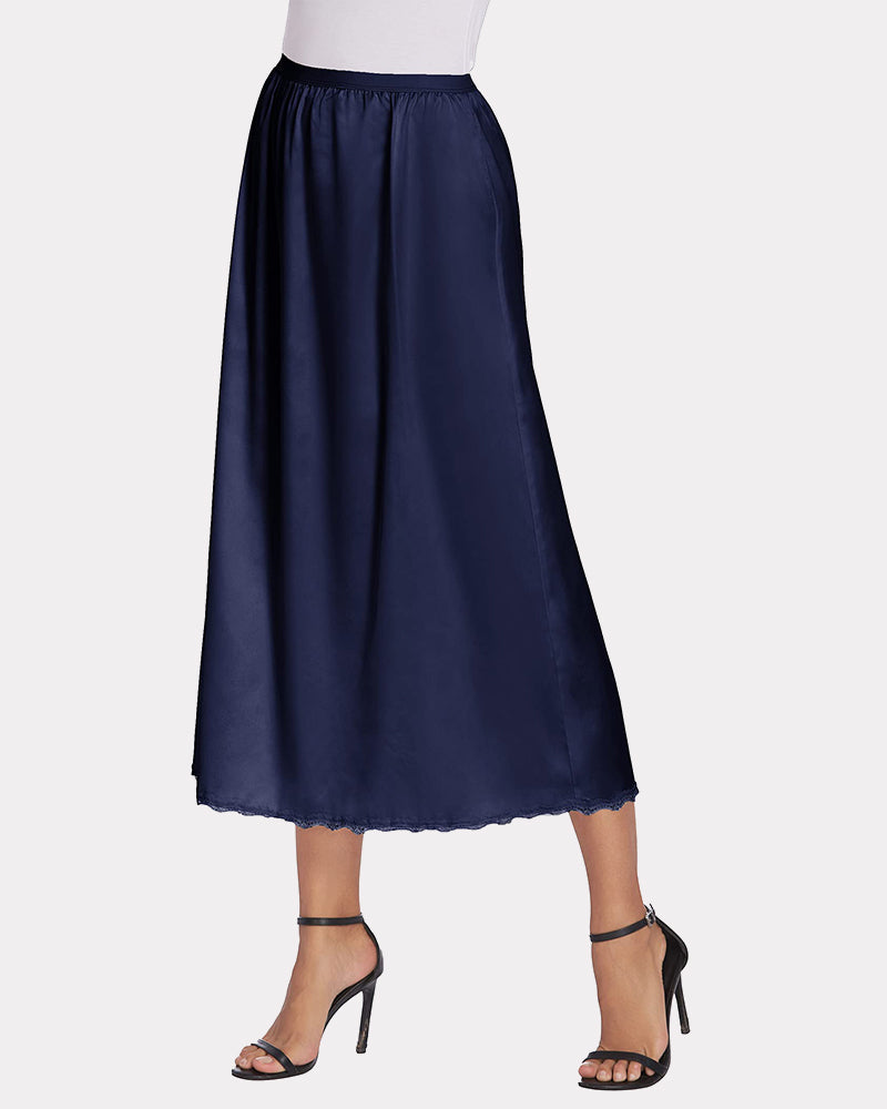 Navy satin half slip long underskirt with elastic waist and scalloped lace hem