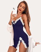 Navy V-neck cotton chemise with white lace cups and floral lace garter on one side
