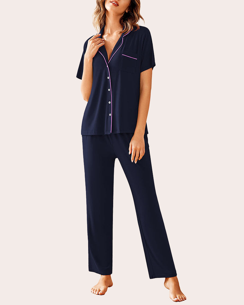 Navy blue pajama set with short-sleeve button shirt and long pants