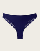 Navy blue lace hipster no-show panties with scalloped lace edge and smooth front.