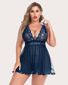 Navy blue sheer lace babydoll chemise with deep V lace bodice and layered mini skirt