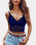 Navy blue crochet V-neck racerback crop top with scalloped bust trim