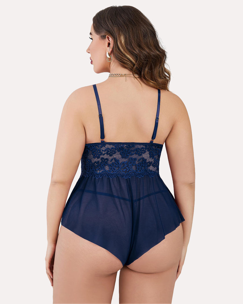 Plus size lace teddy bodysuit in navy with open back and sheer panel