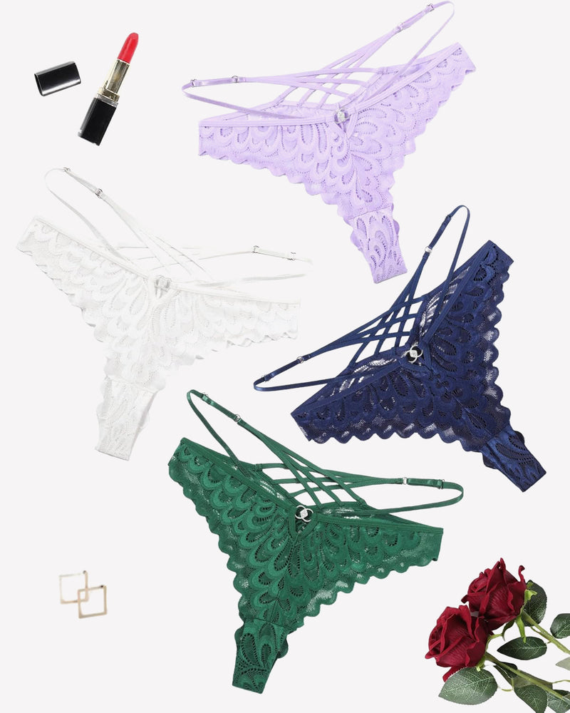Lace crisscross back panties in lilac, white, navy, and green