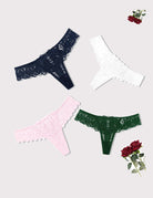 Lace thong set with scalloped trim and cross-back design; black, white, pink, dark green.