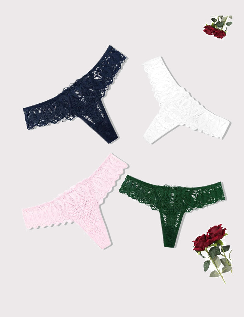 Lace thong set with scalloped trim and cross-back design; black, white, pink, dark green.