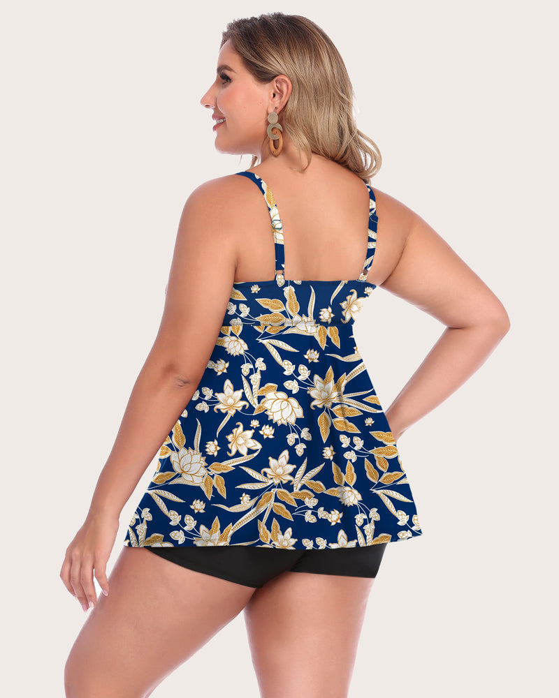 Floral print tankini set with open back straps and black swim shorts