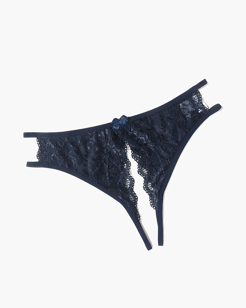 Navy blue floral lace thong panties with front bow and scalloped lace trim